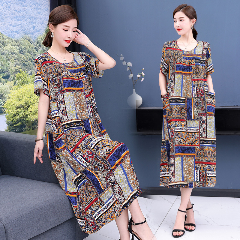 Real shot 2023 Summer long dress round neck fat pullover cotton silk printed loose plus size short sleeve dress wholesale Real shot 2023 Summer long dress round neck fat pullover cotton silk printed loose plus size short sleeve dress wholesale