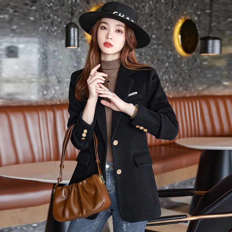 Black woolen demi-season elegant classic suit jacket