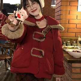 圣诞新年两面穿复古酒红加厚棉衣棉服女冬新款宽松牛角扣保暖外套