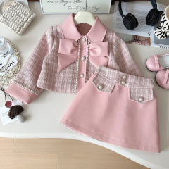 子供用スカートセット新品秋女の子赤ちゃん小香風ピンクコート上着ショートスカートフレンチ高級2点セット