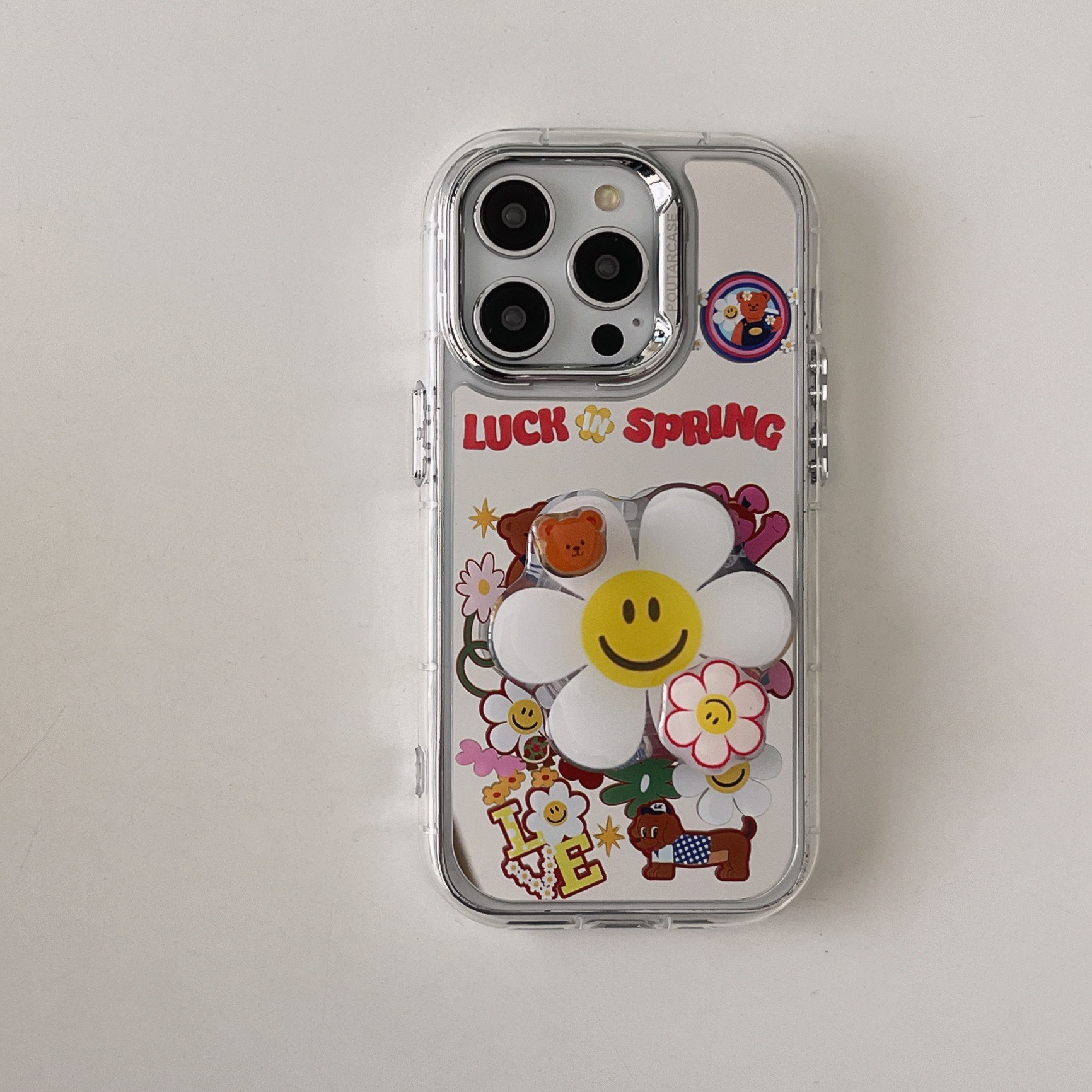 Espejo de dibujos animados lindo girasol para Apple 16ProMax funda para teléfono 15Pro soporte 14/13 femenino 14PM