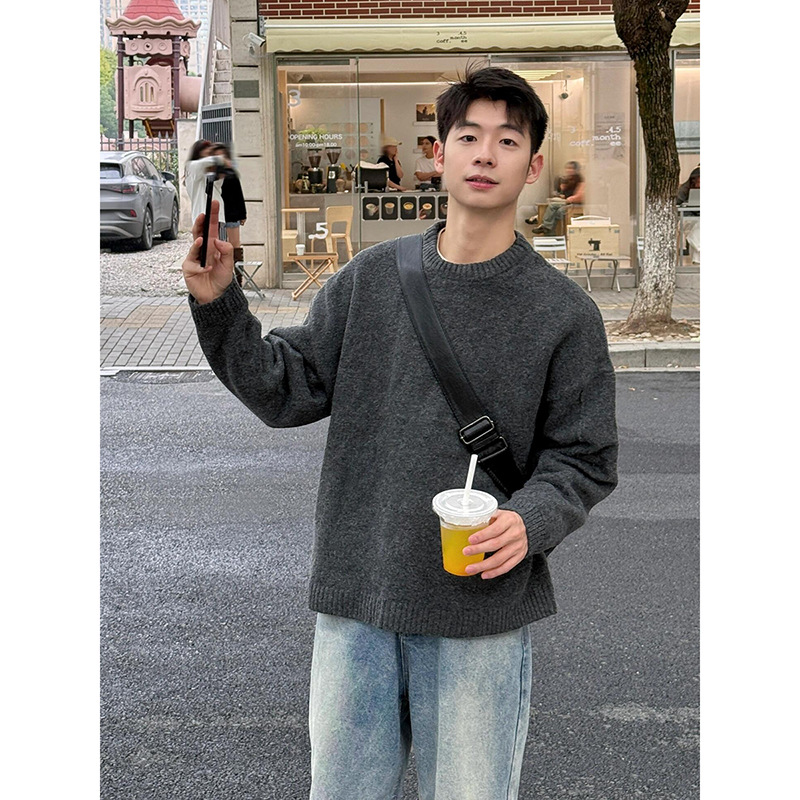 Dunkelgrauer Herren Rundhals Pullover Weicher Strickpullover_voghion.com