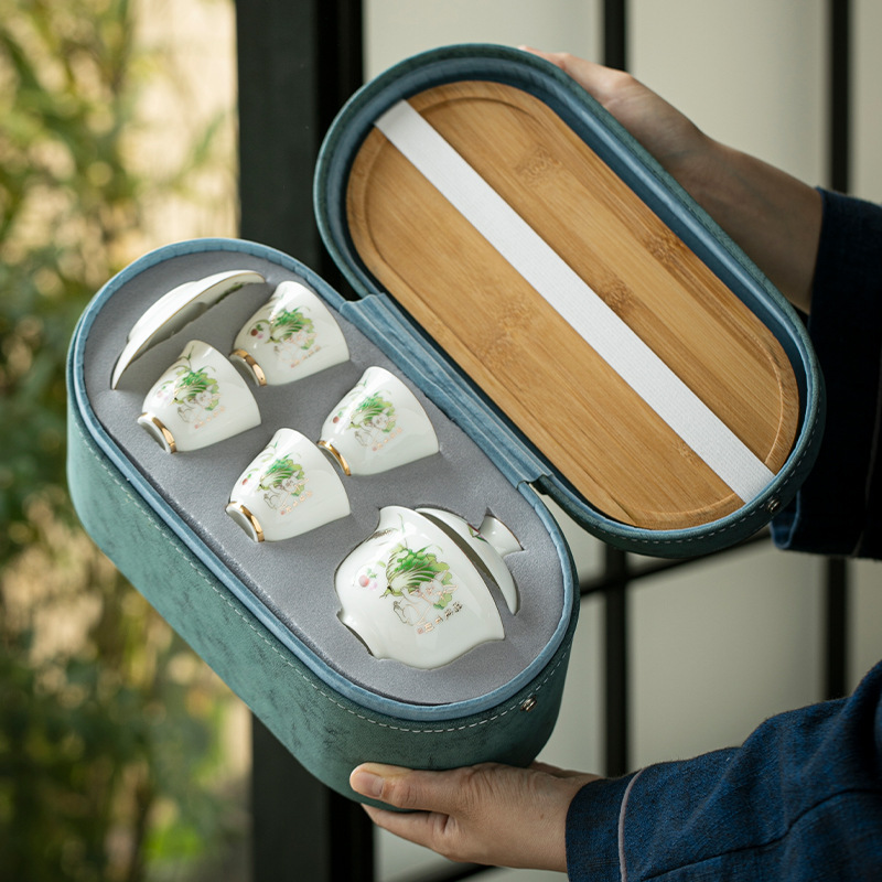 Mutton fat jade travel tea set white porcelain gold covered bowl…