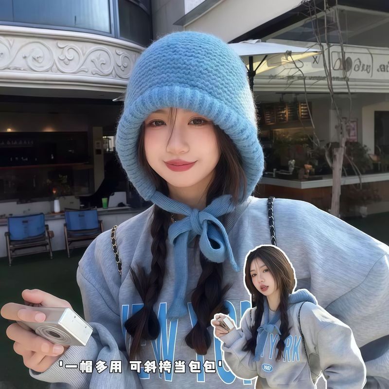 秋冬季女百搭帽子韩版针织护耳宽松大头围毛绒帽显脸小包包毛线帽|undefined