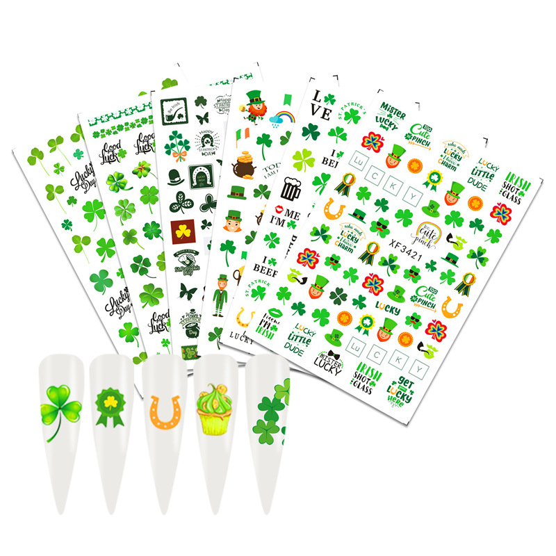 Transfronteriza nuevo trébol de la suerte trébol de cuatro hojas pegatinas de uñas traje irlandés pegatinas de uñas 10 piezas un conjunto