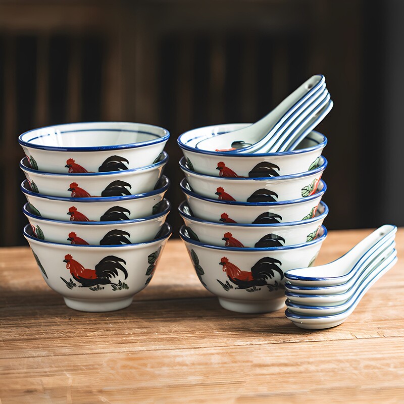 Old-Fashioned Nostalgic Cock Bowl Dinner Bowl 10 Pack Bowl Spoon suit Ceramic Soup Bowl Home Rice Bowl Vintage Tableware Old-Fashioned Nostalgic Cock Bowl Dinner Bowl 10 Pack Bowl Spoon suit Ceramic Soup Bowl Home Rice Bowl Vintage Tableware