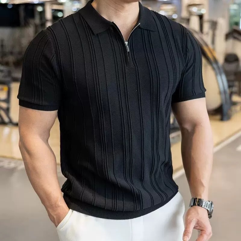 Herren Halb-reißverschluss Strickpolo Kurzarm Eisseide Top_voghion.com