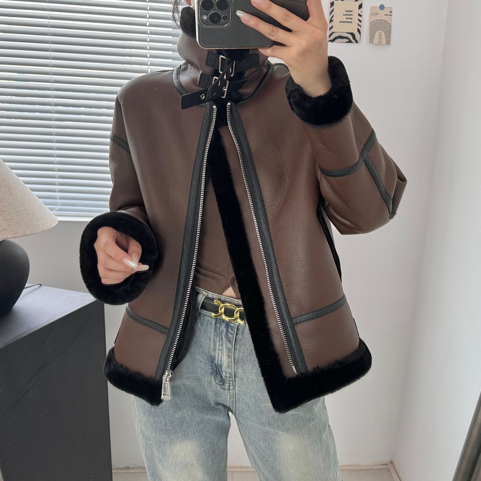 Women's Clothing retro motorcycle style belt decoration stand collar fur lamb wool thick warm coat women's jacket_voghion.com