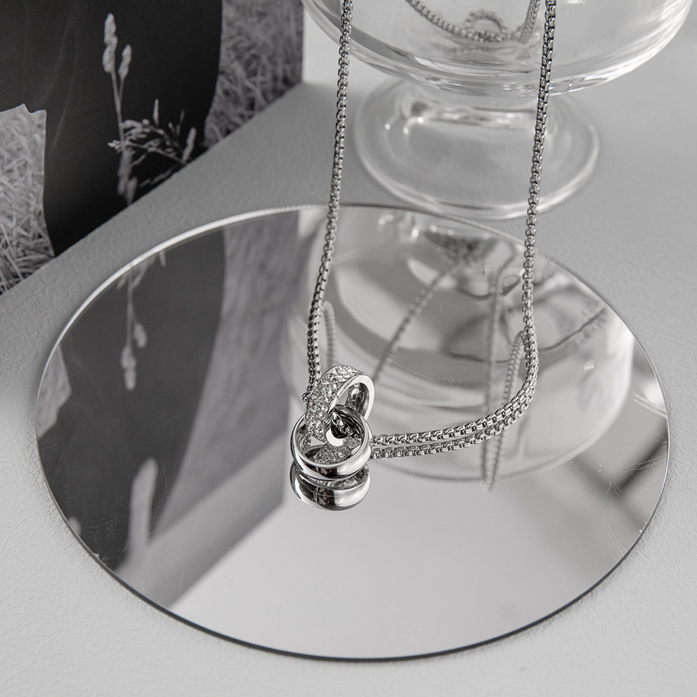 Original Design Double Ring Titanium Steel Inlay Rhinestones Pendant Necklace 1 Piece