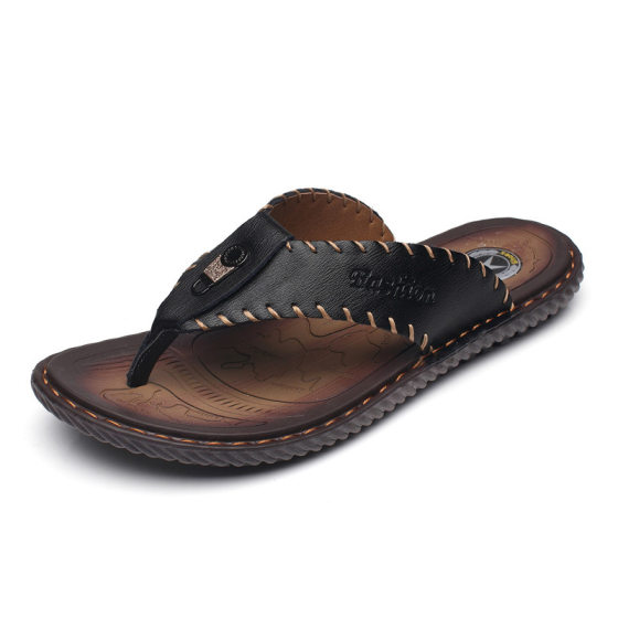 Men's Flip-flops Flip-flops Summer Flat Cowhide Outdoor Casual Beach Sandals Large Size Cross-Border