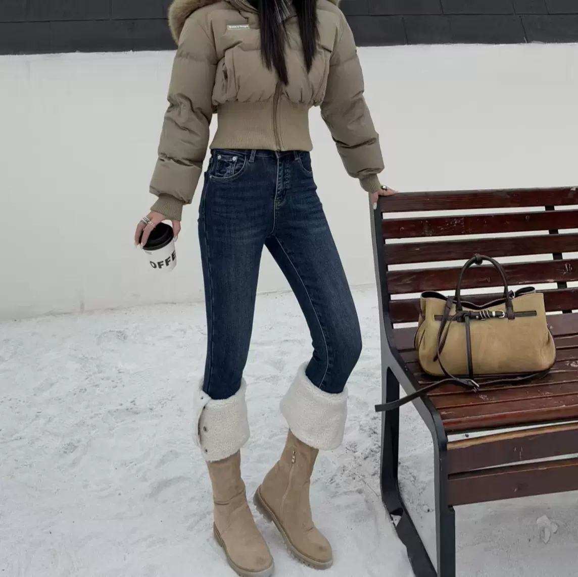 冬上新 欧货时髦弹力中低腰紧身牛仔裤女款加厚绒显瘦小脚铅笔裤