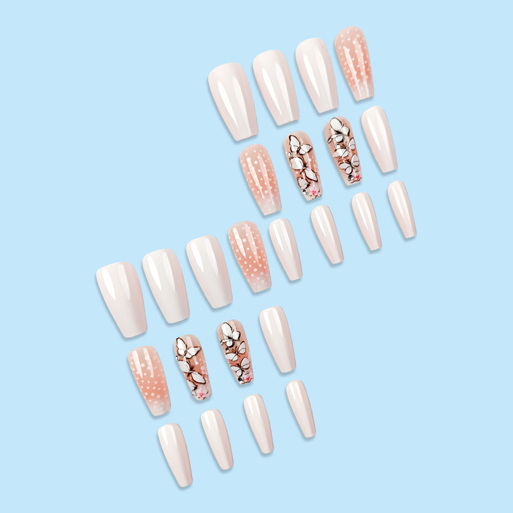Manicura de uñas de escalera larga de punto blanco simple, parche de uñas de degradado blanco en polvo de mariposa, venta caliente transfronteriza, armadura portátil de diamantes image 5