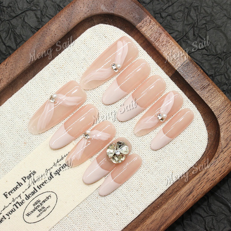 【Smoke Powder】Elegant and Artistic Nude French Ribbon Manicure Wearable Fake Nails Nail Pieces Factory Handmade