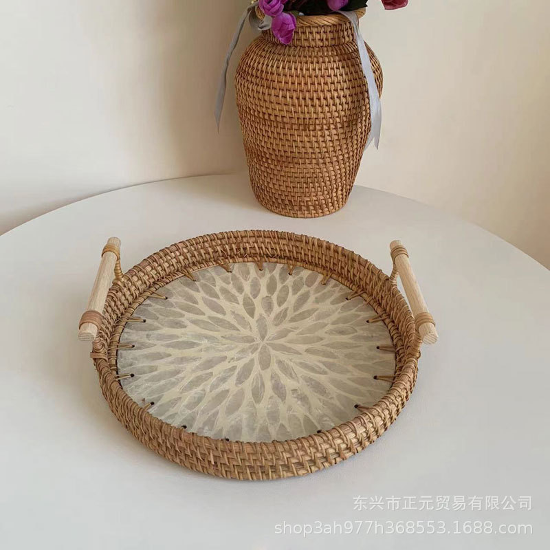 Vietnam ratán tejido Shell bandeja color Shell tejido merienda cesta de almacenamiento merienda bandeja fruta pan té bandeja