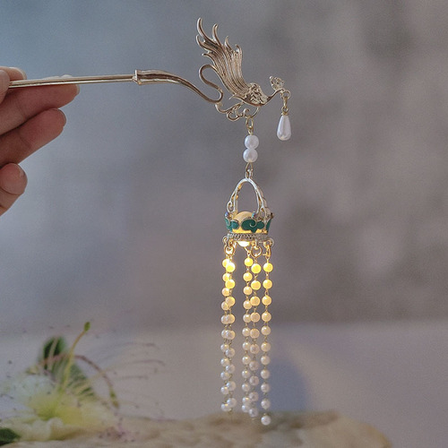 New antique style luminous blue lantern tassel hairpin retro all-match walking hairpin Hanfu cheongsam accessories headdress