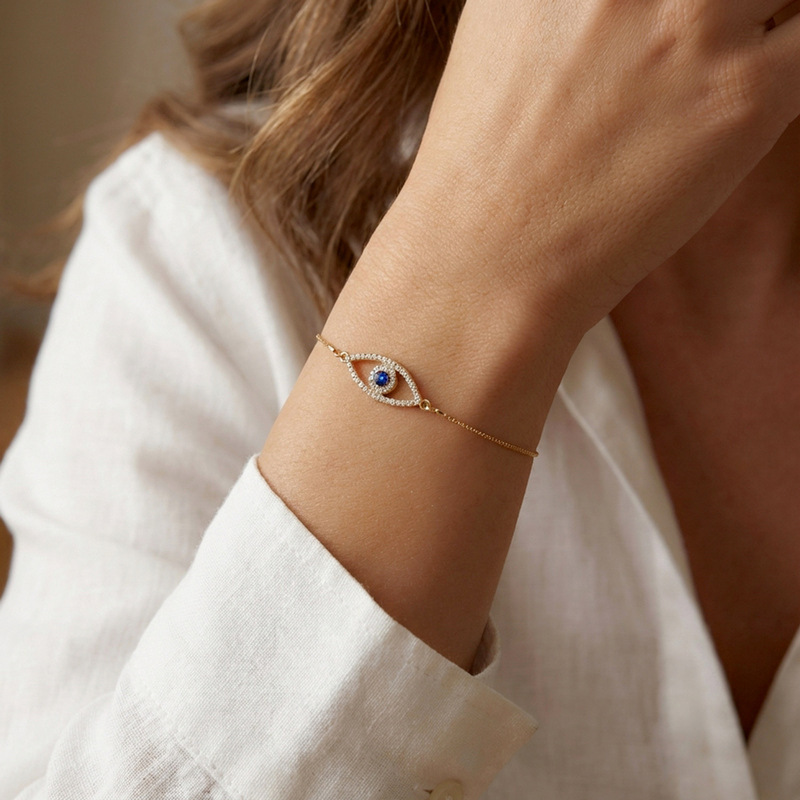 Cross-Border Hot-Selling Turkish Evil Eye Adjustable Bracelet European and American Retro Blue Eye Zircon Pull-Out Bracelet Cross-Border Hot-Selling Turkish Evil Eye Adjustable Bracelet European and American Retro Blue Eye Zircon Pull-Out Bracelet