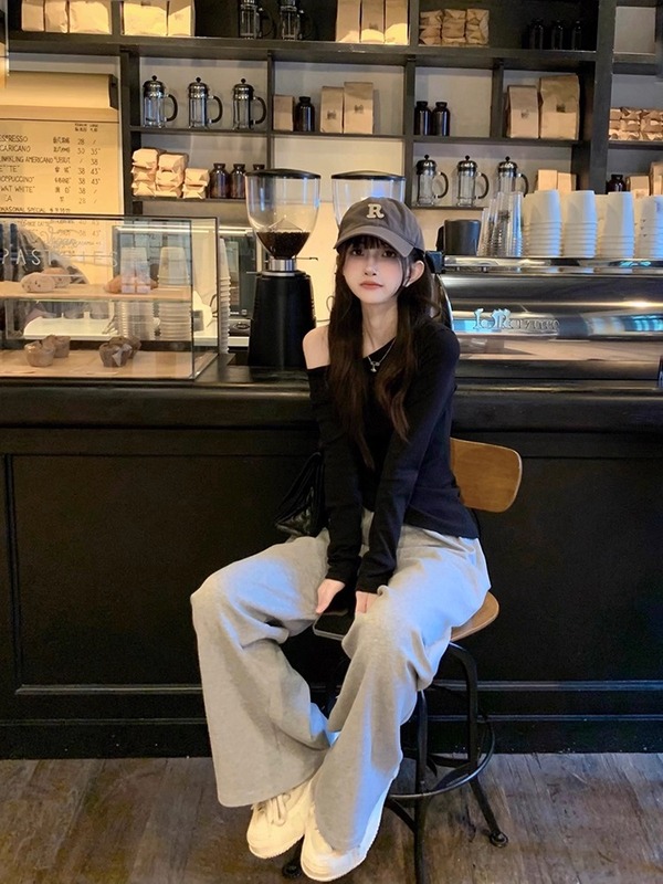 辣妹纯欲风设计感斜领打底衫长袖t恤女内搭春秋新款修身露肩上衣|undefined