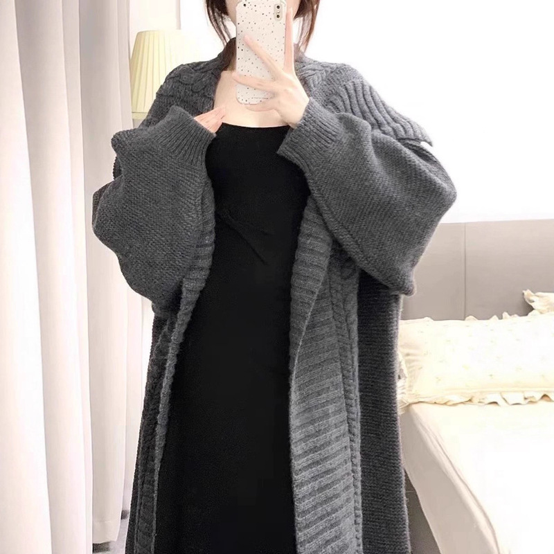 Atmospheric and Stylish Lazy-Style Thick Cable-Knit Cardigan with Large Lapel, Casual Long Sweater Coat with a Relaxed Vibe