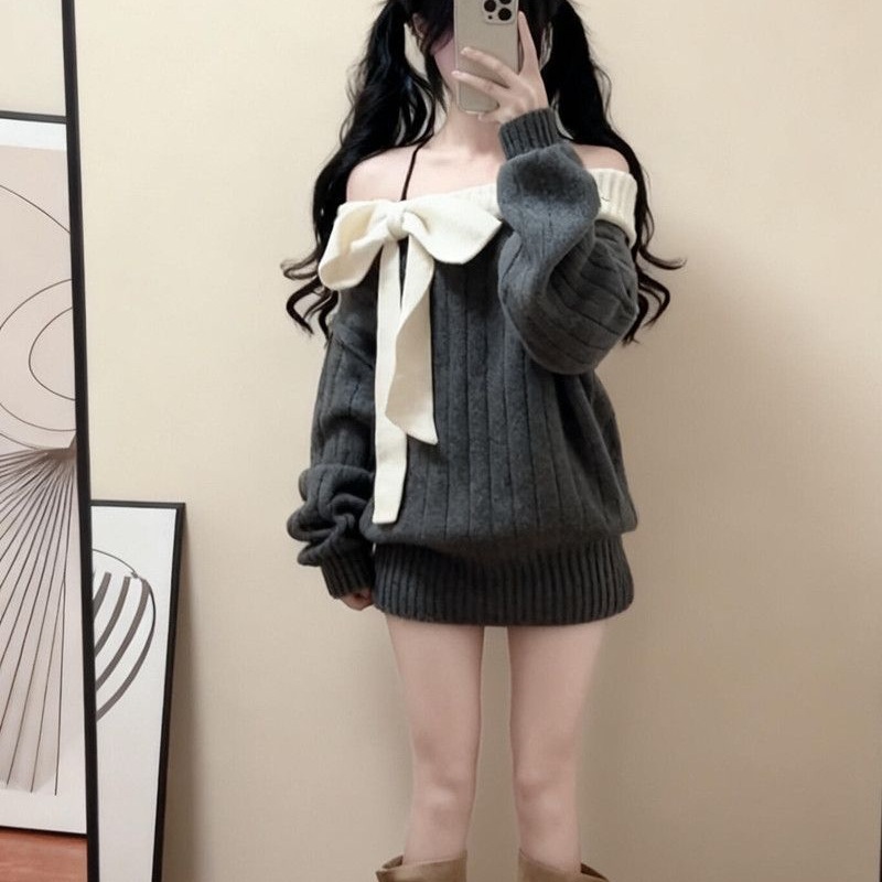 一字肩针织连衣裙女秋冬新款蝴蝶结减龄氛围感长袖百搭软糯毛衣裙