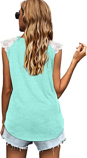 Abbigliamento da donna 2024 T-shirt canotta allentata in pizzo patchwork da donna estivo 2024 con maniche volanti_voghion.com