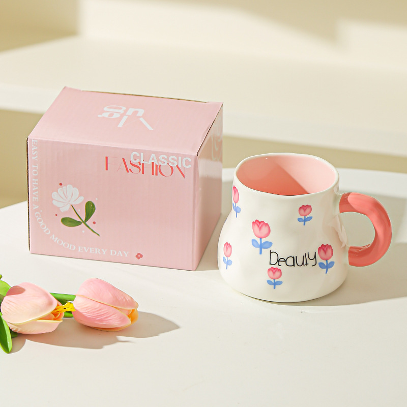 Taza de cerámica estilo ins de estilo coreano taza de color bajo vidriado pintado a mano linda taza de café de té de flores de nicho para niñas