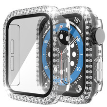 適用iwatch7/6/5/4代全包蘋果360鑽石手表保護殼鋼化膜2合1鑲鑽套