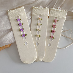 DIY Sweet Handmade Small Floral Hole Lined Ankle Socks with Mushroom Edge Millennium Y2K Korean Style Girly Bump Socks