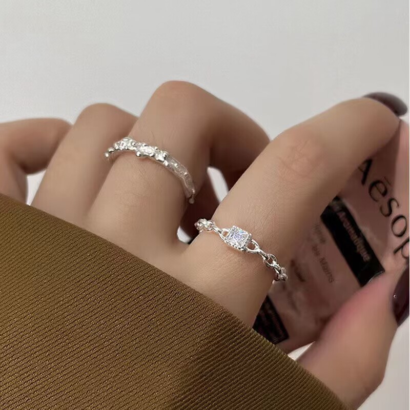 Shiny Small Square Diamond Tin Pattern Ring Women's Light Luxury Niche Design High-end Simple Fashion All-match Open Ring Shiny Small Square Diamond Tin Pattern Ring Women's Light Luxury Niche Design High-end Simple Fashion All-match Open Ring