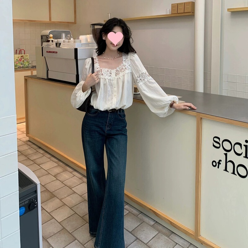 Moby Elegant French Lace Square Neck Hollow-Out Patchwork Shirt for Women, Beautiful Loose Lantern Sleeve Top for Autumn Moby Elegant French Lace Square Neck Hollow-Out Patchwork Shirt for Women, Beautiful Loose Lantern Sleeve Top for Autumn