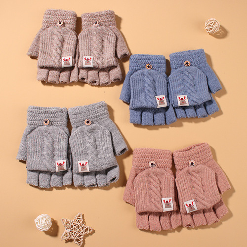 WINTER/SUMMER WOMEN'S STUDENT THUMBLESS FLAP GLOVES FOR WRITING, RIDING, TEXTURED, THICK HEATED CABLE KNIT GLOVES