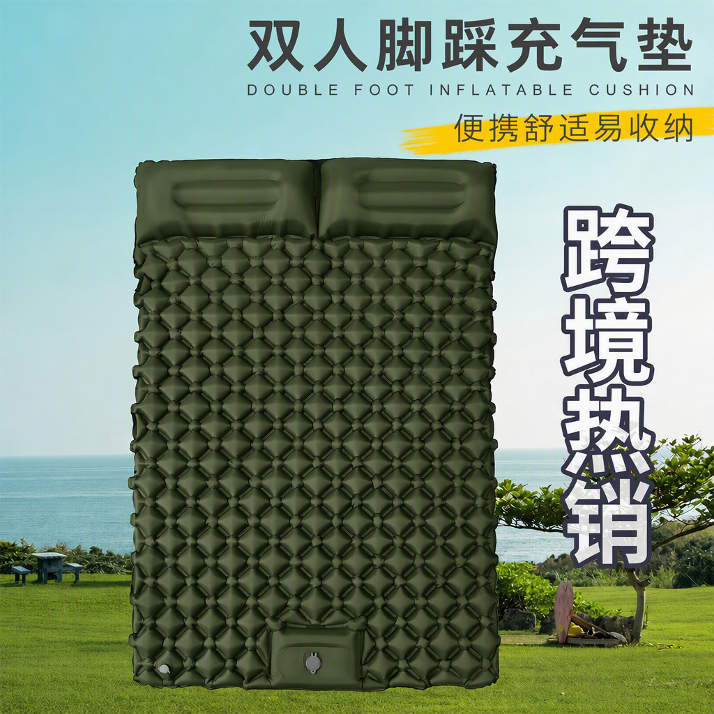 Portable foot-operated inflatable mattress, double size, 40D nylon air bed, inflatable pad for outdoor camping and travel, easy to store