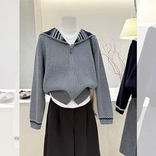 韩系灰色拉链海军领加厚开衫毛衣外套女秋冬外穿奶fufu针织衫上衣