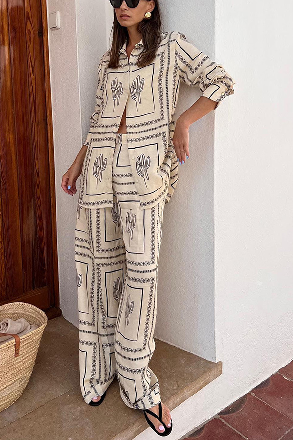 Shirt Collar Neckline Comfort Function Daily Street Women's Casual Printing Polyester Printing Pant Co-ord Set Pants Sets