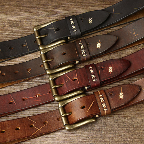 Washed retro old-fashioned trendy personality trendy first-layer cowhide belt men's genuine leather pin buckle jeans belt men's style