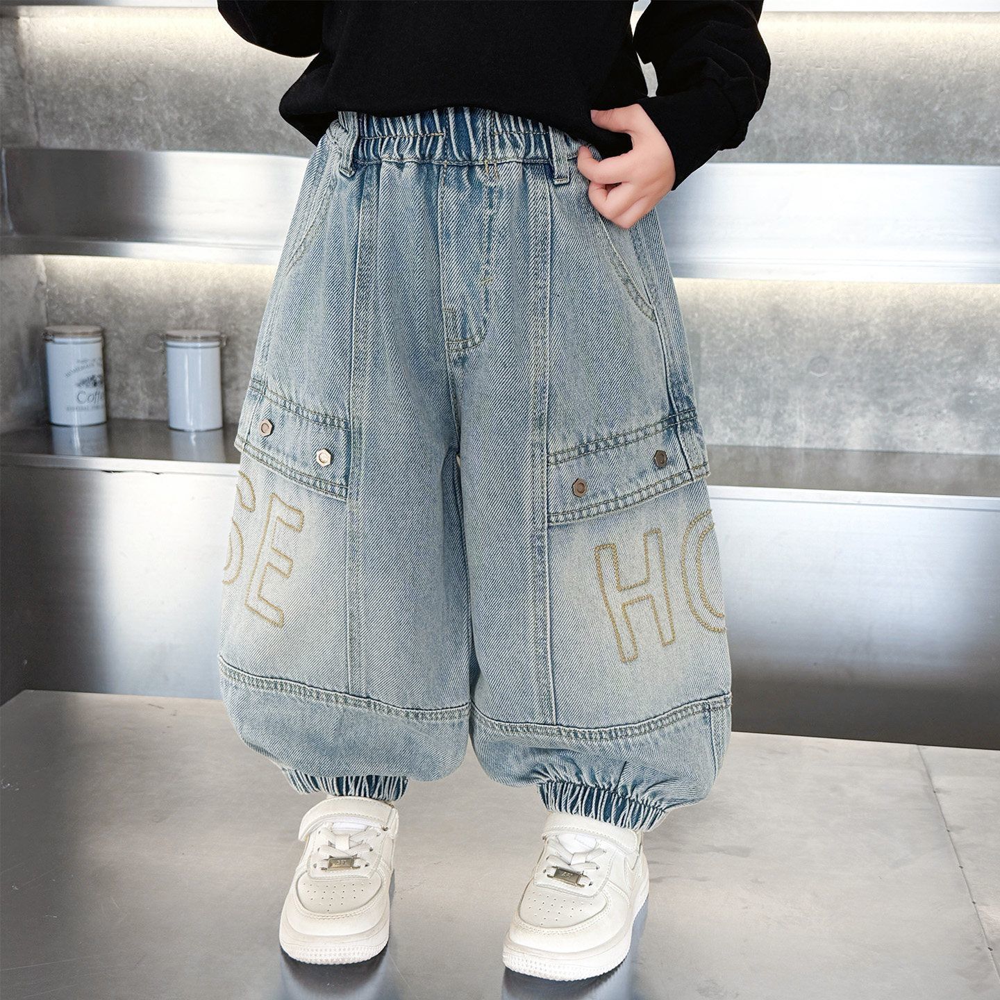 Hombres y niñas primavera y otoño jeans coreanos pantalones largos para niños pantalones largos largos