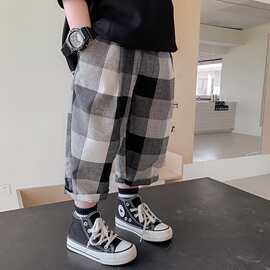 萌萌哒2026夏季新款儿童格子休闲裤中小童七分裤宝宝防蚊裤如图色