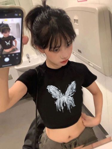 32 pieces of pure cotton sweet and cool butterfly square-shoulder short-sleeve women's summer niche unique slim-fit short top