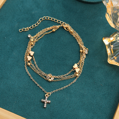 Cross-border best-selling creative diamond ankle chain, foreign trade multi-layer heart-shaped beach ankle chain, cross-shaped ankle chain, wholesale