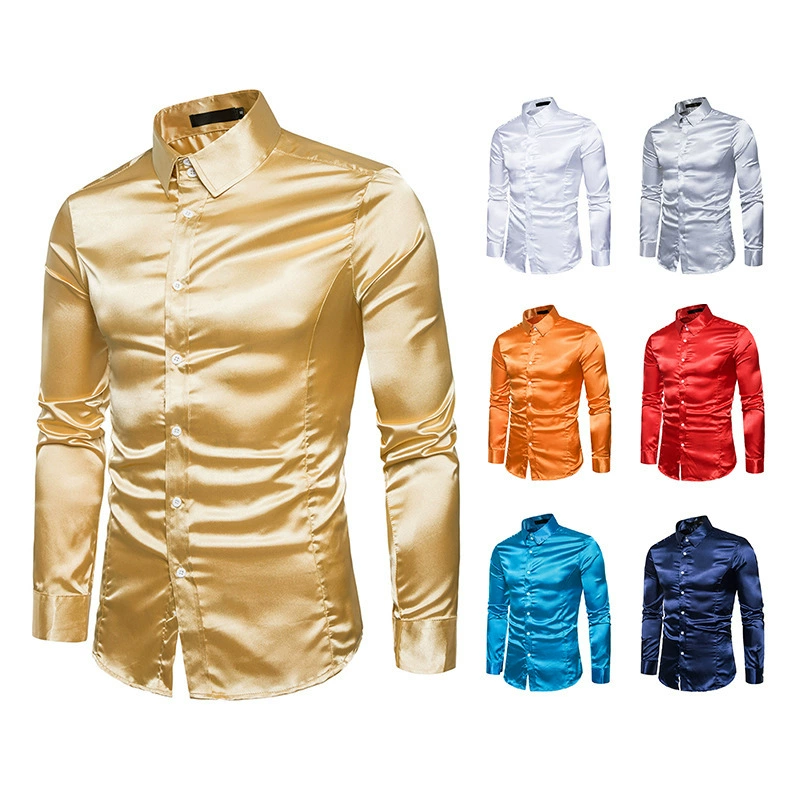 2023 Осенняя Внешняя торговля новая мужская повседневная однотонная Яркая тонкая рубашка с лацканами европейского размера с длинными рукавами