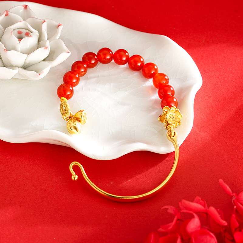 Vietnam oro rojo ágata cuentas media pulsera mujer Lotus estilo chino elegante pulsera rica flor Internet celebridad estilo fábrica al por mayor