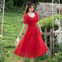 2024新款红色蕾丝连衣裙女夏季短袖大码胖mm显瘦法式气质礼服裙子