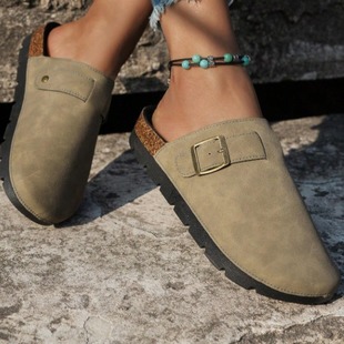Sanxi same genuine leather Boken shoes 2024 New closed toe Boken platform slippers women's half slippers soft wood sole shoes