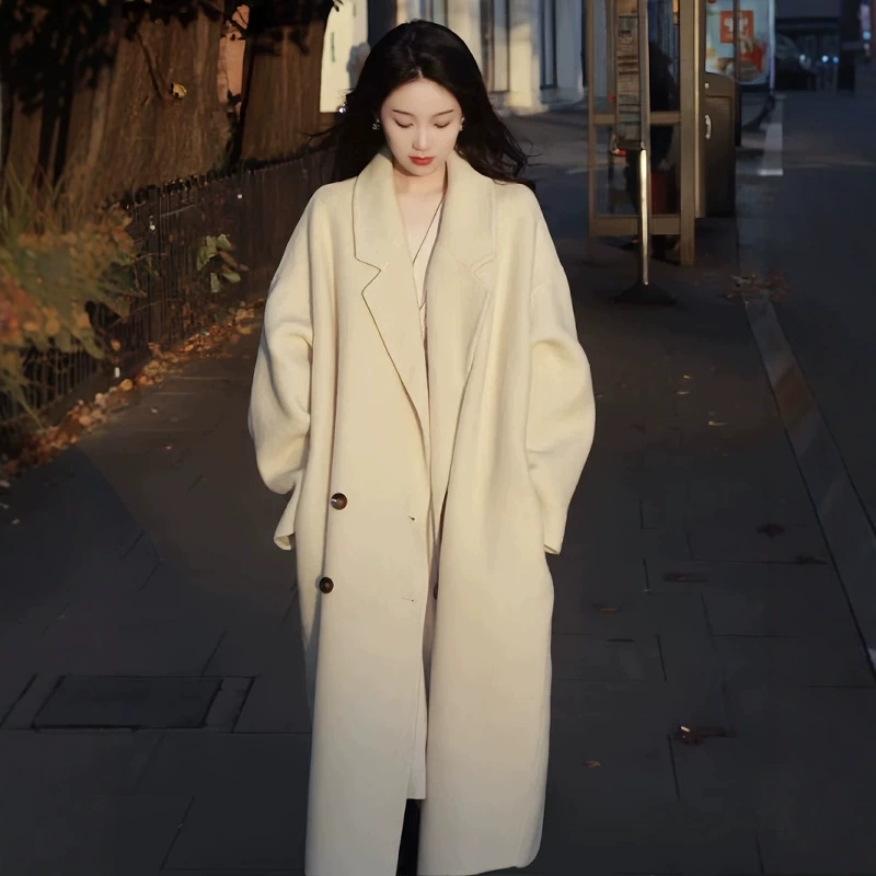 Овсяный двухсторонний кашемировое пальто женский 2025 весна и осень новый корейский свободный средний длинный шерстяной пальто