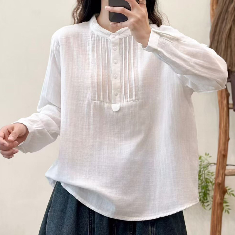 日韩春秋双层棉纱休闲长袖衬衫木耳领宽松棉质宽松大码女装衬衣|undefined