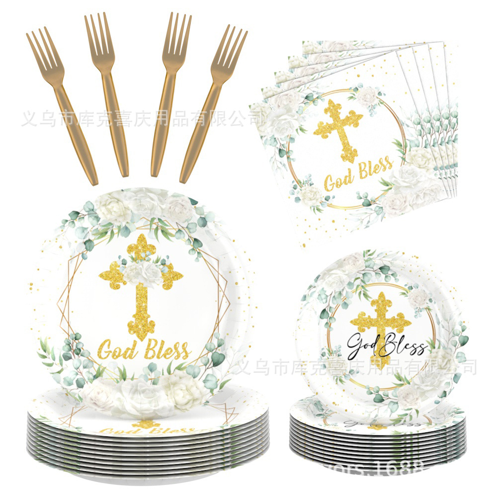 Vajilla de fiesta de bautismo de bebé con cruz, bandeja de papel sacramento de hoja de noche de eucalipto, taza de papel, toalla de papel, juego de plato de fiesta