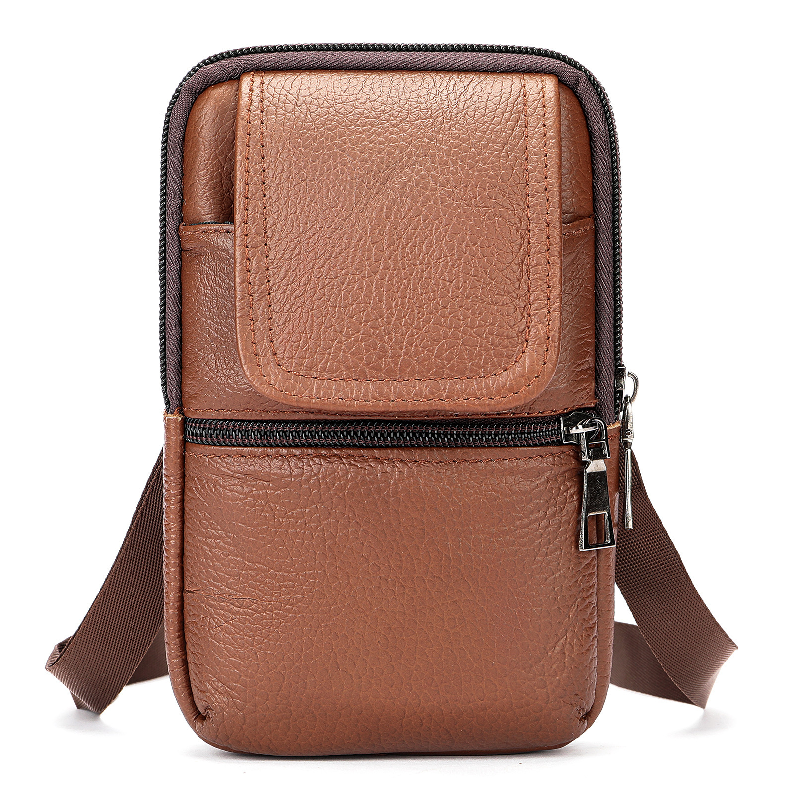 Lässige, vertikale Herren-Bauchtasche aus hochwertigem Rindsleder, Schwarz/Braun, trendige Handytasche mit Gürtel_voghion.com