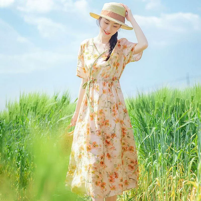 Платье Ramie женское стильное лето 2025 новая женская одежда художественное уменьшение талии элегантная юбка из хлопка и льна с цветочным принтом