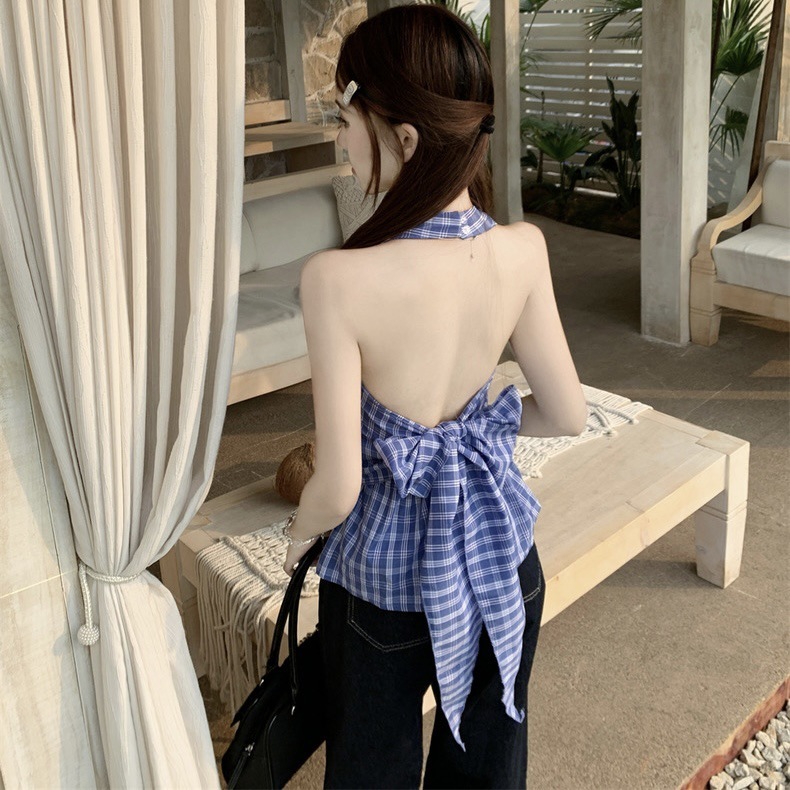ブルーチェック柄 V ネックフリルホルターベスト女性の夏のレトロな純粋な欲望ホットガールスタイル多用途サスペンダートップ|undefined