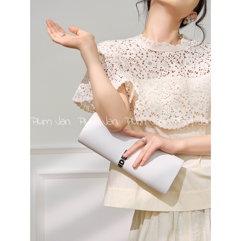 Plum Jall/Apricot-Colored Round-Neck Lace Hollow-Out Patchwork Niche High-End Short-Sleeve T-Shirt Top for Early Summer 2026