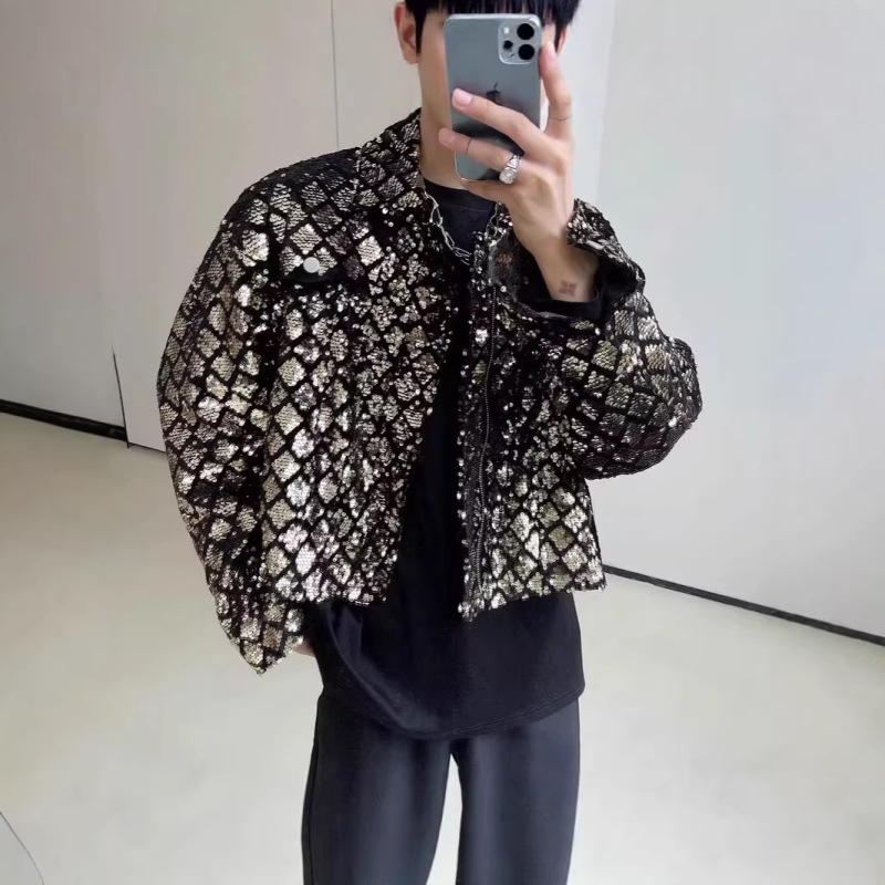 Cross-Border Jacket Men's Formal Wear Sequin Color-Changing Glitter Bar Nightclub Stage Performance Suit Host Singer Coat Cross-Border Jacket Men's Formal Wear Sequin Color-Changing Glitter Bar Nightclub Stage Performance Suit Host Singer Coat